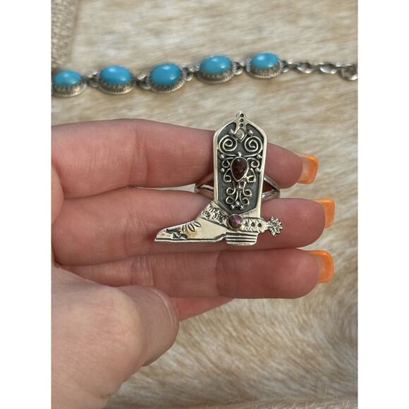 Native American SW Sterling Red Rose Pink Dahlia Western Cowboy Barbie Boot Ring - Picture 8 of 12